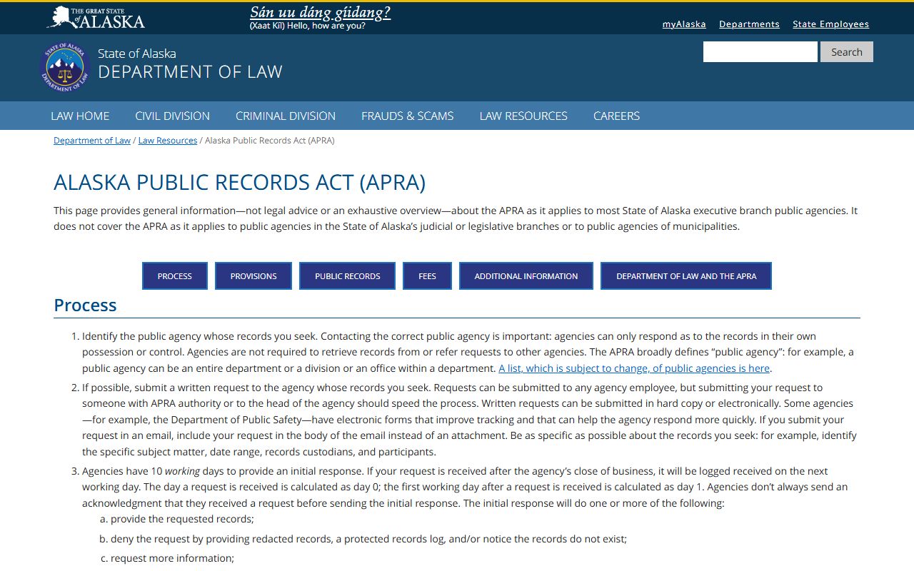 Alaska White Pages public records act guidance